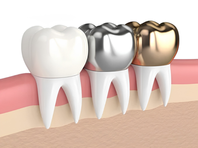 Row of molars with crowns—natural white tooth, metallic silver crown, and gold crown along the gumline.