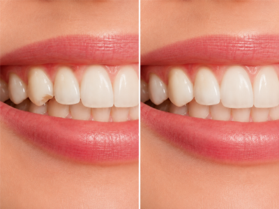 Split close-up of a smile showing before-and-after teeth whitening, with darker teeth on the left and brighter teeth on the right.