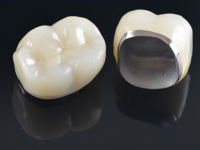 Two dental crowns on a dark surface, one showing a metal alloy core with a porcelain cap.