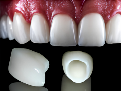 Close-up of upper front teeth with two dental crowns removed, shown beside a prepared tooth stump on a black background.