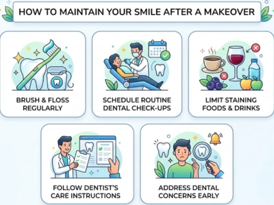 How to maintain your smile after a makeover banner with decorative leaves (title panel)