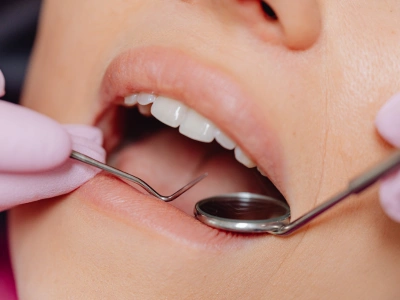 Close-up of a dentist examining a patient’s open mouth with a mirror and dental tool.