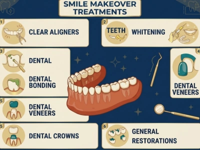 Infographic titled 'Smile Makeover Treatments' showing a central set of teeth with seven labeled options around it, including clear aligners, teeth whitening, dental veneers, dental bonding, dental crowns, and general restorations.