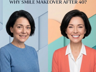 Split-screen before/after makeover after 40: left in blue sweater with dark hair; right in coral cardigan with white blouse, brighter smile.
