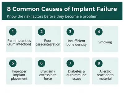 Infographic listing eight implant-failure risk factors: peri-implantitis, poor osseointegration, low bone density, smoking, improper placement, bruxism, diabetes/autoimmune issues, and material allergy.