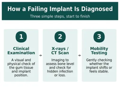 Infographic titled 'How a Failing Implant Is Diagnosed' with three steps: 1) Clinical Examination—visual and physical check of the gum tissue and implant position; 2) X-rays/CT Scan—imaging to assess bone level and check for infection or loss; 3) Mobility Testing—gently checking whether the implant shifts or feels unstable.