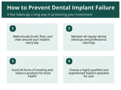 Infographic titled 'How to Prevent Dental Implant Failure' with four tips: 1) brush, floss, and clean around the implant daily. 2) keep regular dental checkups and cleanings. 3) avoid smoking and tobacco products for bone health. 4) choose a highly qualified, experienced implant specialist for care.