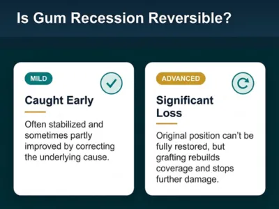 Two cards comparing gum recession stages: Mild caught early and Advanced significant loss, with brief descriptions beneath each title.