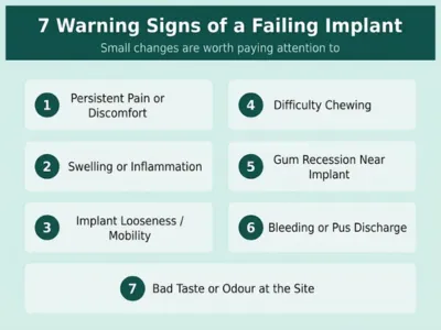 Infographic showing seven warning signs of a failing implant: persistent pain, swelling, implant looseness, difficulty chewing, gum recession, bleeding, and bad taste or odor at the site.