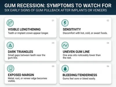 Infographic: six early signs of gum recession after implants or veneers, including visible lengthening and sensitivity.