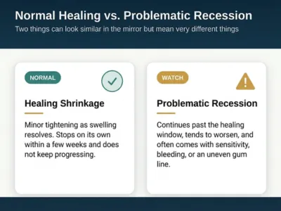 Comparison infographic: Normal Healing vs. Problematic Recession with two cards—Healing Shrinkage describes resolving swelling, and Problematic Recession describes ongoing issues after the healing window.