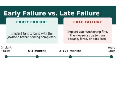 Infographic comparing early vs. late dental implant failure; early failure occurs before healing completes, late failure happens years later due to gum disease loosening the implant.