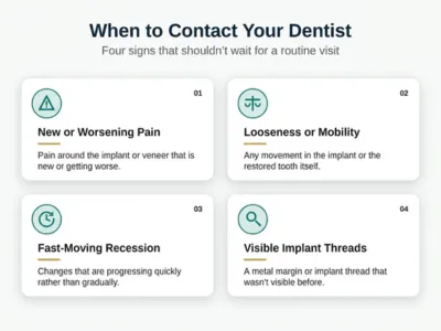 Infographic titled 'When to Contact Your Dentist' showing four cards: 01 New or Worsening Pain, 02 Looseness or Mobility, 03 Fast-Moving Recession, 04 Visible Implant Threads.