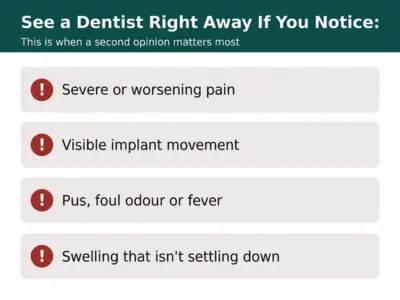 Infographic listing eight implant-failure risk factors: peri-implantitis, poor osseointegration, low bone density, smoking, improper placement, bruxism, diabetes/autoimmune issues, and material allergy.