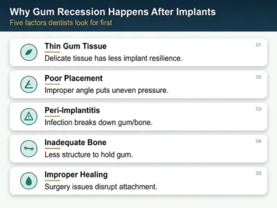 Infographic titled 'Why Gum Recession Happens After Implants' showing five factors: thin gum tissue, poor placement, peri-implantitis, inadequate bone, and improper healing.