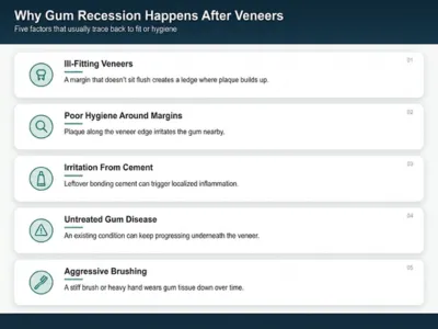 Infographic: Five factors causing gum recession after veneers, including hygiene around margins, cement irritation, and aggressive brushing, with icons for each item.