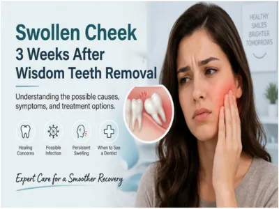 Woman touching her swollen cheek next to an infographic about wisdom teeth removal and recovery symptoms and causes.