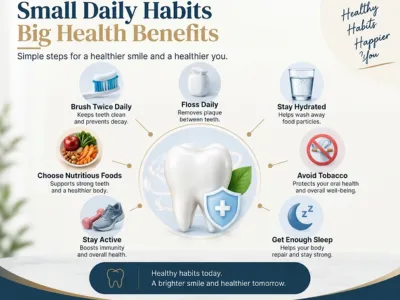 H2_ Daily Habits That Support Both Oral and Overall Health | Enamel Dental Dental health tips: central tooth icon with surrounding actions—Brush twice daily, Floss daily, Stay hydrated, Choose nutritious foods, Avoid tobacco, Stay active, Get enough sleep.