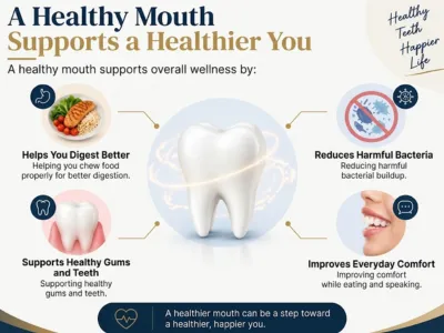 H2_ How Is Oral Health Connected to Overall Health | Enamel Dental Infographic linking a healthy mouth to overall wellness; central tooth with four benefits: better digestion, fewer bacteria, healthier gums/teeth, and improved comfort.