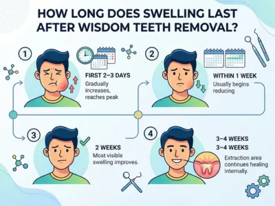 Infographic outlining four stages of swelling after wisdom teeth removal, from day 1–3 peak to 3–4 weeks healing, with facial expressions and icons.