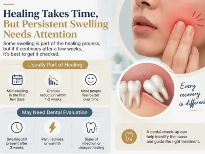 Educational dental infographic explaining that healing takes time after swelling, with sections on typical healing progress and when to seek evaluation.