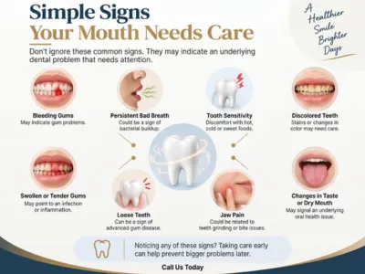 H2_ What Are the Common Signs That Your Oral Health Needs Attention | Enamel Dental Infographic titled 'Simple Signs Your Mouth Needs Care' listing eight dental warning signs with tooth images: bleeding gums, persistent bad breath, tooth sensitivity, discolored teeth, swollen/tender gums, loose teeth, jaw pain, and changes in taste.