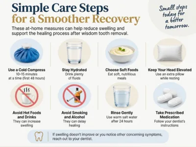 Infographic of post-wisdom-tooth extraction care steps: eight tips with icons—cold compress, stay hydrated, soft foods, keep head elevated, avoid hot foods, avoid smoking and alcohol, rinse gently, take prescribed meds.