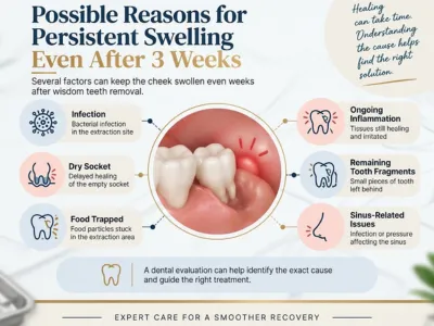 Infographic explaining possible reasons for persistent cheek swelling after a tooth extraction, with a central mouth image and icons for infection, dry socket, food trapped, ongoing inflammation, remaining tooth fragments, and sinus-related issues. Includes a note that a dental evaluation can help identify the exact cause.