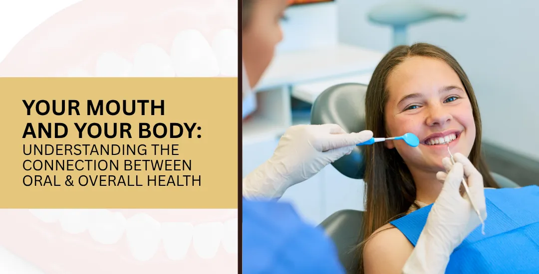 Split-screen: left panel with article title on a beige background, right panel shows a smiling teen in a dental chair during a checkup